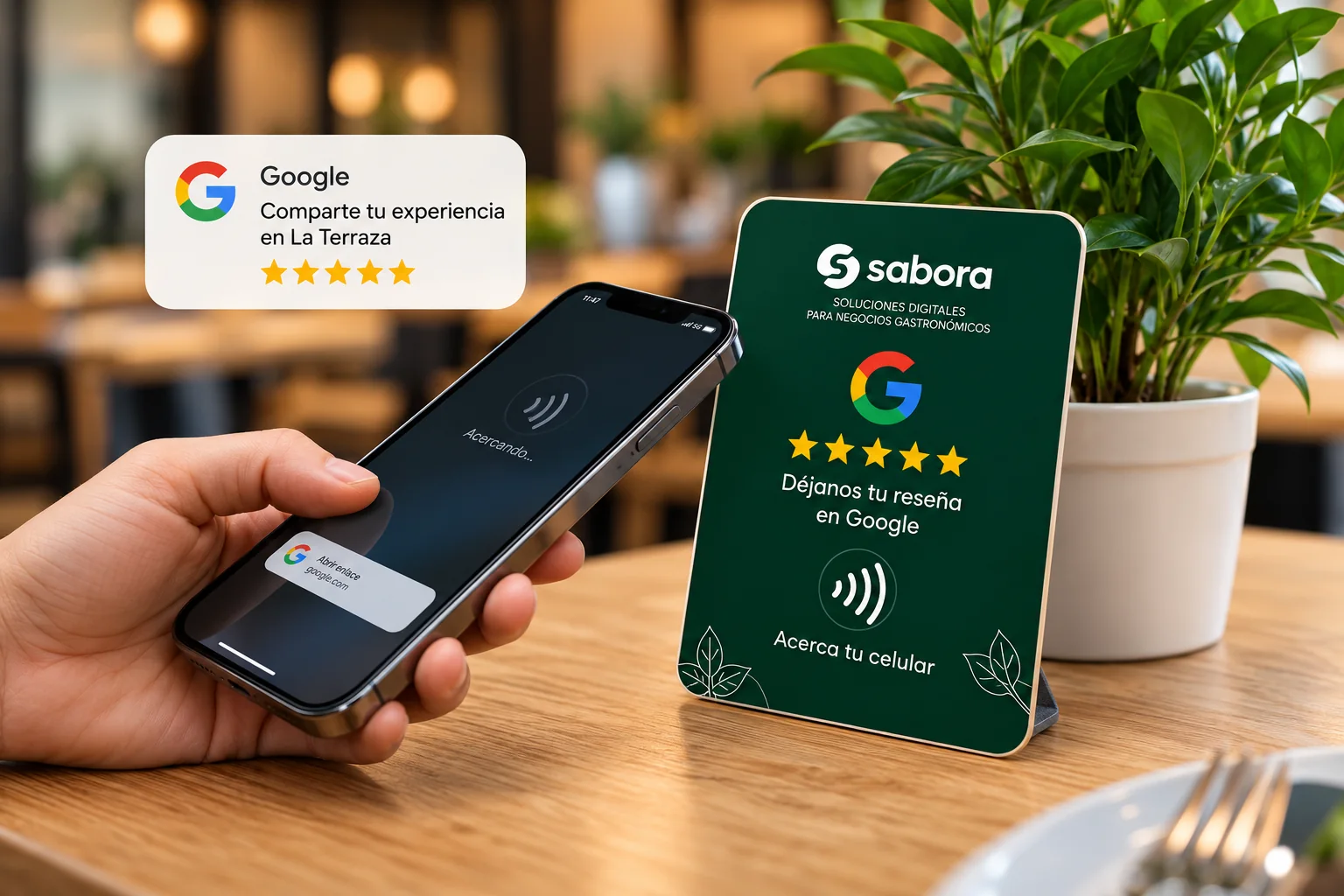 Cliente utilizando una tarjeta Sabora NFC para acceder a las reseñas de Google