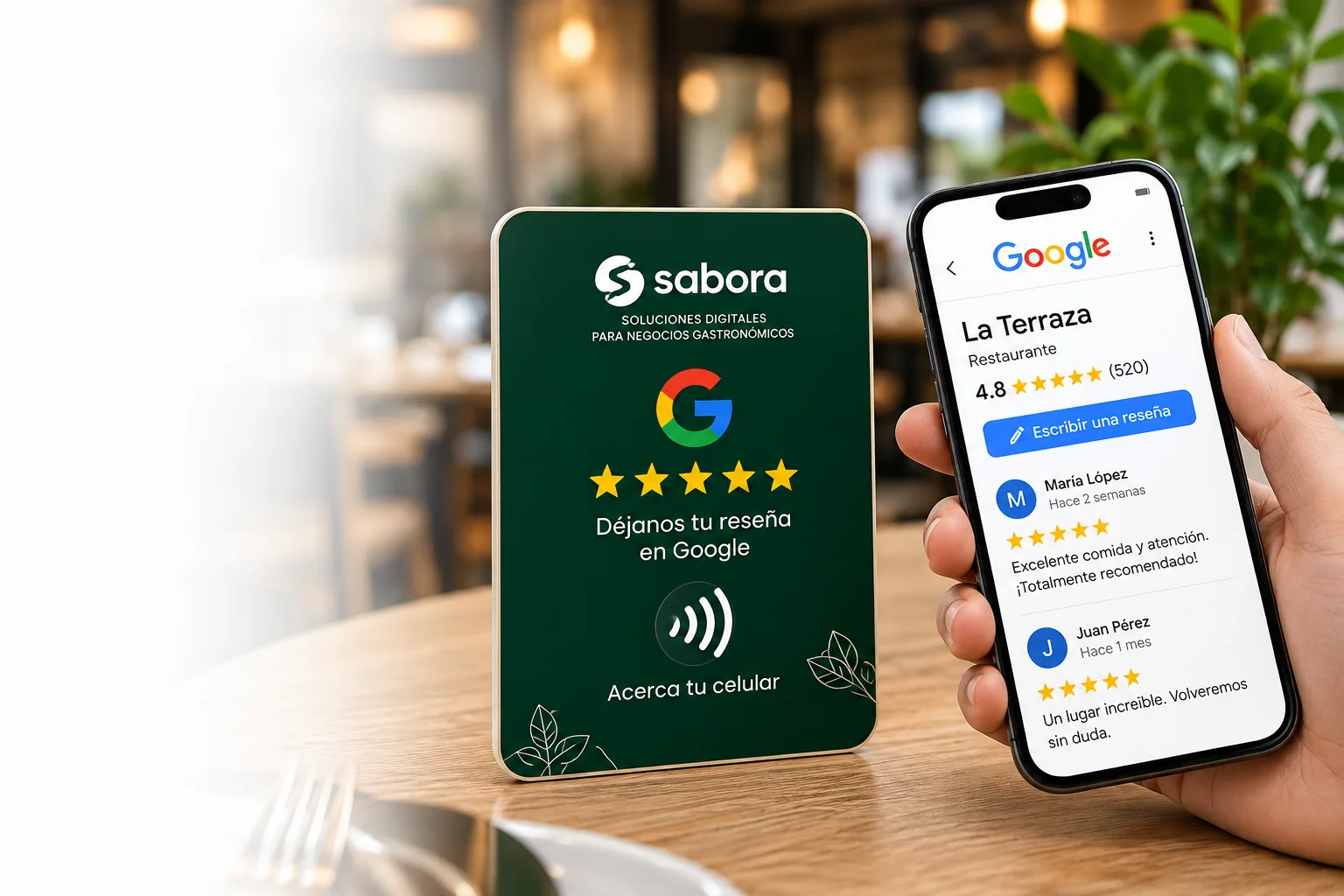Sabora NFC y QR para reseñas de Google