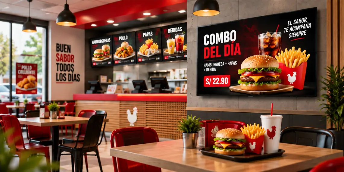 Restaurante fast food con televisor mostrando contenido de Sabora Display
